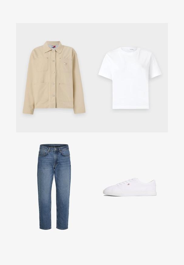 Beige Leinensakko mit spitzem Kragen, vorderer Knopfverschluss, zwei Brusttaschen und einem kleinen Logo-Patch. Weiche Textur und maßgeschneiderte Passform.; Einfaches weißes kurzärmeliges Baumwoll-T-Shirt mit rundem Ausschnitt und geradem Saum, dargestellt auf weißem Hintergrund.; Blaue Jeans aus Denim mit geraden Beinen, vorne Knopf- und Reißverschluss sowie vordere und hintere Taschen, vor weißem Hintergrund dargestellt.; Weißer Sneaker mit niedrigem Schaft, Schnürverschluss und kleinem rot-weiß-blauem Logo an der Seite, flache Gummisohle.