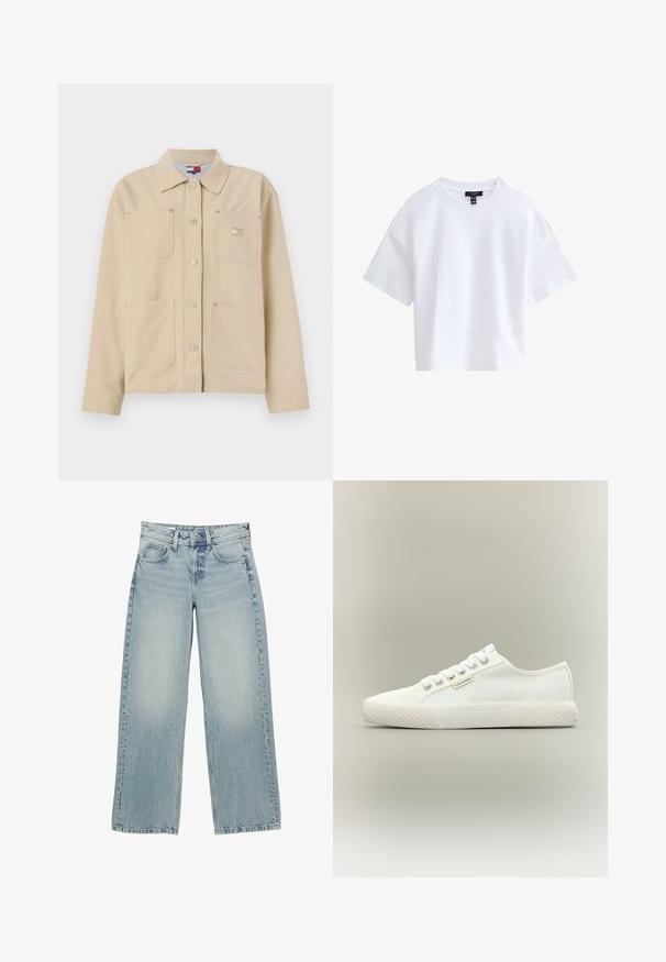 Beige canvas jack met een puntkraag, sluiting met knopen aan de voorkant, twee borstzakken en een klein logo-embleem. Zachte textuur en op maat gemaakt ontwerp.; Effen witte cropped T-shirt met korte mouwen, een ronde hals en een zwart merkembleem aan de binnenkant van de kraag.; Lichtblauwe denim wijde jeans met een hoge taille, voorzien van vijf zakken, een knoopsluiting en subtiele vervaging voor een versleten effect.; Witte lage canvas sneaker met een getextureerde rubberen zool, witte veters en een klein Calvin Klein-label aan de zijkant.