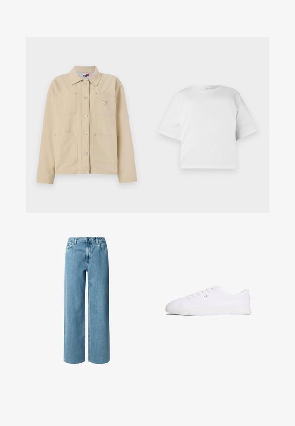Beige Leinensakko mit spitzem Kragen, vorderer Knopfverschluss, zwei Brusttaschen und einem kleinen Logo-Patch. Weiche Textur und maßgeschneiderte Passform.; Weißes, gekürztes T-Shirt aus glattem Baumwollmaterial, mit Rundhalsausschnitt und kurzen, weiten Ärmeln. Einfaches, sauberes Design ohne sichtbare Muster.; Blaue Denim-Jeans mit weitem Bein und hoher Taille, ausgestattet mit Gürtelschlaufen, Reißverschluss und ausgefransten Säumen. Der Stoff hat eine weiche, glatte Textur.; Weißer Sneaker mit niedrigem Schaft, Schnürverschluss und kleinem rot-weiß-blauem Logo an der Seite, flache Gummisohle.