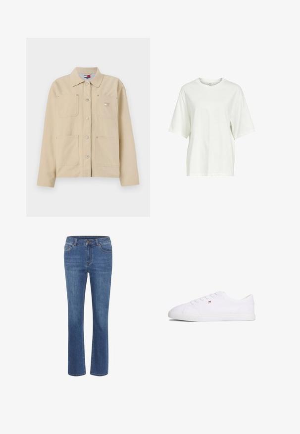 Beige lærredjakke med spidse kraver, frontlukning med knapper, to brystlommer og et lille logo-patch. Blød tekstur og skræddersyet design.; Ensfarvet hvid oversized T-shirt med korte ærmer, rund hals og en lille mærkat indeni kraven.; Blå denimjeans med lige ben, tætsiddende talje, bæltesløjfer, fem lommer og en lille brun knap i taljen.; Hvid lavsko med snørelukning og lille rød, hvid og blå logo på siden, flad gummisål.
