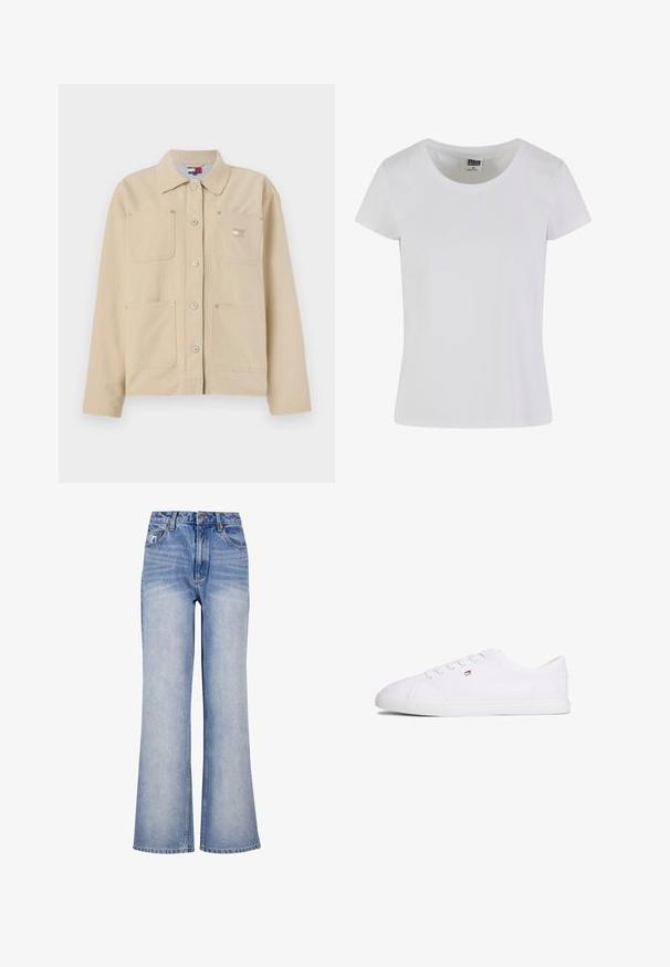 Chaqueta de lona beige con collar puntiagudo, cierre frontal de botones, dos bolsillos en el pecho y un pequeño parche con logo. Textura suave y diseño ajustado.; Camiseta blanca de manga corta hecha de algodón. Presenta un escote redondeado y una forma ajustada. La etiqueta dice "URBAN CLASSICS."; Jeans de mezclilla de un azul claro, de pierna ancha, con cintura alta, cierre de botón, un ligero desvanecimiento y un diseño clásico de cinco bolsillos.; Zapatilla blanca de corte bajo con cierre de cordones y pequeño logo en rojo, blanco y azul en el lateral, suela plana de goma.