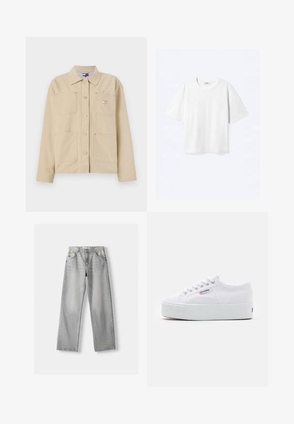 Beige Leinensakko mit spitzem Kragen, vorderer Knopfverschluss, zwei Brusttaschen und einem kleinen Logo-Patch. Weiche Textur und maßgeschneiderte Passform.; Weißes T-Shirt mit kurzen Ärmeln und Rundhalsausschnitt mit geradem Saum, innen mit gebrandetem "WEEKDAY"-Label am Kragen.; Helle graue Jeans aus Denim mit geradem Bein, ausgestattet mit zwei vorderen Taschen, einem Knopfverschluss und subtilen Abnutzungen für Struktur.; Weiße Leinenschuhe mit einer dicken weißen Plattformsohle, runder Zehenpartie und Metallösen für die Schnürsenkel. Markenlogo an der Seite angebracht.