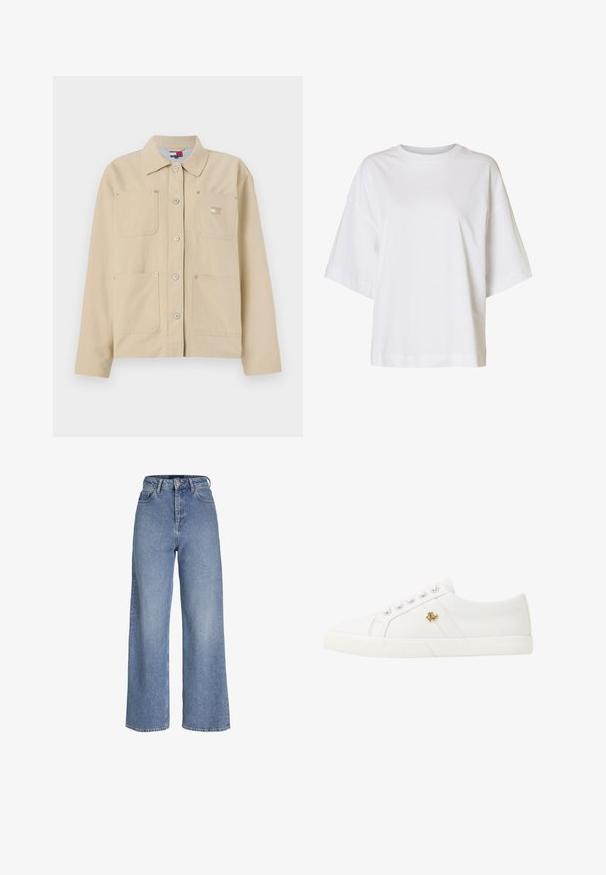 Beige Leinensakko mit spitzem Kragen, vorderer Knopfverschluss, zwei Brusttaschen und einem kleinen Logo-Patch. Weiche Textur und maßgeschneiderte Passform.; Weißes T-Shirt mit kurzem Ärmel, weitem Schnitt, eingesetzten Schultern und rundem Ausschnitt auf einfarbigem Hintergrund.; Hellblaue Jeans mit hoher Taille, weitem Bein, vorderer Knopf- und Reißverschluss und Fünf-Taschen-Design.; Lauren Ralph Lauren JANSON II CANVAS SNEAKER - Sneaker low - optic white
