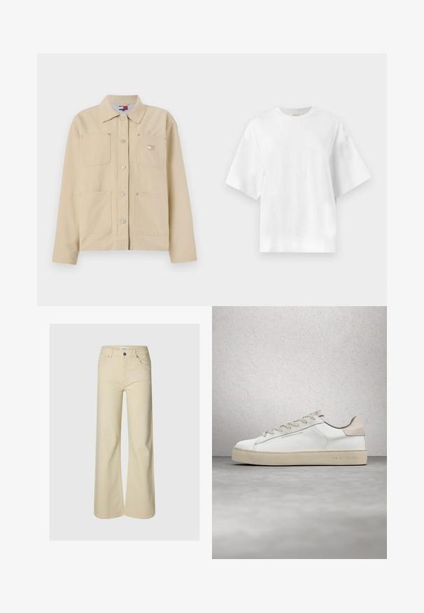 Veste en toile beige avec un col pointu, fermeture à boutons sur le devant, deux poches poitrine et un petit logo en patch. Texture douce et design ajusté.; T-shirt blanc uni oversized à manches courtes avec encolure ronde, présenté à plat sur un fond gris clair.; Pantalon beige taille haute à jambes larges avec bouton frontal, fermeture éclair, passants pour ceinture et deux poches avant sur fond uni.; Sneaker en cuir blanc avec une finition lisse, accents en suède beige, bout arrondi, design à lacets plats et semelle en caoutchouc texturée.