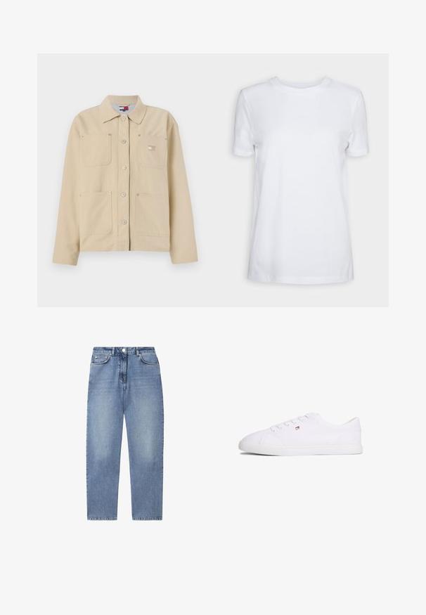 Beige canvas jack met een puntkraag, sluiting met knopen aan de voorkant, twee borstzakken en een klein logo-embleem. Zachte textuur en op maat gemaakt ontwerp.; Effen wit T-shirt met korte mouwen en ronde hals, normale pasvorm en een klein label aan de binnenkant van de hals met de tekst "SELECTED FEMME."; Lichtblauwe jeans met hoge taille en rechte pijpen, met vooraanknoping, ritssluiting en ontwerp met vijf zakken op een witte achtergrond.; Witte lage sneaker met vetersluiting en een klein rood-wit-blauw logo aan de zijkant, platte rubberen zool.