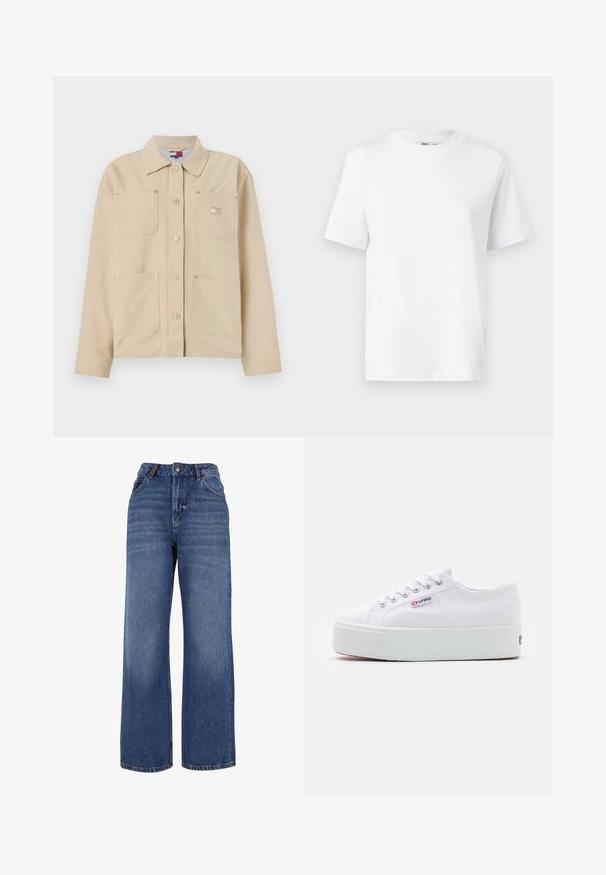 Beige Leinensakko mit spitzem Kragen, vorderer Knopfverschluss, zwei Brusttaschen und einem kleinen Logo-Patch. Weiche Textur und maßgeschneiderte Passform.; Weißes Baumwoll-T-Shirt mit Rundhalsausschnitt, kurzärmlig und mit glatter Textur. Entworfen mit einer lockeren Passform für Komfort und Vielseitigkeit.; Weite Jeans aus mittelgewichtiger blauer Baumwolle. Klassisches Fünf-Taschen-Design mit Reißverschluss und Knopfverschluss.; Weiße Leinenschuhe mit einer dicken weißen Plattformsohle, runder Zehenpartie und Metallösen für die Schnürsenkel. Markenlogo an der Seite angebracht.