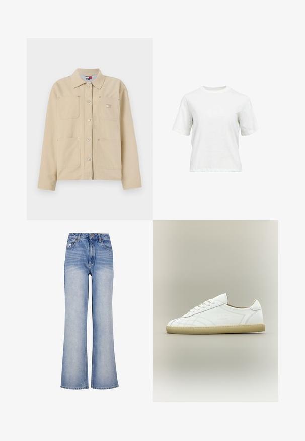 Beige Leinensakko mit spitzem Kragen, vorderer Knopfverschluss, zwei Brusttaschen und einem kleinen Logo-Patch. Weiche Textur und maßgeschneiderte Passform.; Weißes, kurzärmeliges Baumwoll-T-Shirt mit Rundhalsausschnitt und lockerem Schnitt, auf weißem Hintergrund dargestellt.; Hellblaue Denim-Weite-Bein-Jeans mit hoher Taille, Knopfverschluss, subtilen Verwaschungen und klassischem Fünf-Taschen-Design.; Weißer Leder-Sneaker mit niedrigem Schnitt, beiger Sohle, Schnürdesign und dezenten gesteppten Mustern auf neutralem Hintergrund.