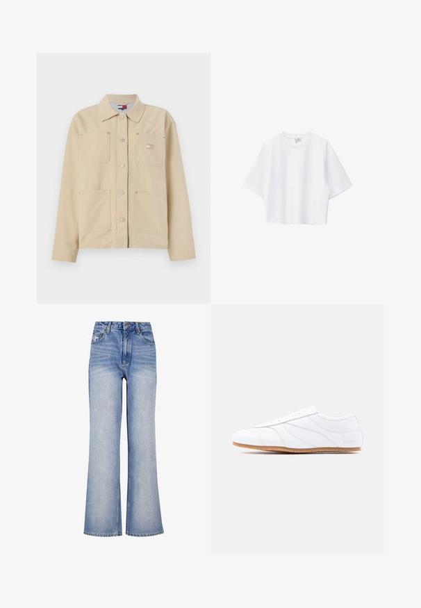 Beige Leinensakko mit spitzem Kragen, vorderer Knopfverschluss, zwei Brusttaschen und einem kleinen Logo-Patch. Weiche Textur und maßgeschneiderte Passform.; Weißes, kurz geschnittenes T-Shirt aus weicher Baumwolle mit Rundhalsausschnitt, kurzen Ärmeln und lockerer Passform. Einfaches und vielseitiges Design.; Hellblaue Denim-Weite-Bein-Jeans mit hoher Taille, Knopfverschluss, subtilen Verwaschungen und klassischem Fünf-Taschen-Design.; Weiße Low-Top-Sneaker mit Schnürdesign, glattem Lederobermaterial, dezenten abgenähten Einsätzen und hellbrauter Gummisohle.