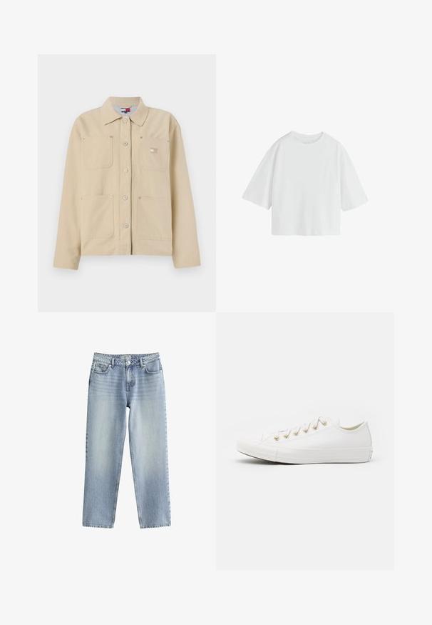 Chaqueta de lona beige con collar puntiagudo, cierre frontal de botones, dos bolsillos en el pecho y un pequeño parche con logo. Textura suave y diseño ajustado.; Camiseta blanca lisa de manga corta oversize con cuello redondo y ajuste holgado.; Jeans de mezclilla azul claro con un diseño de pierna recta, cintura alta y un ligero desvanecimiento. Cuentan con un cierre de botón y un estilo clásico de cinco bolsillos.; Converse CHUCK TAYLOR ALL STAR - Zapatillas - vintage white/light gold