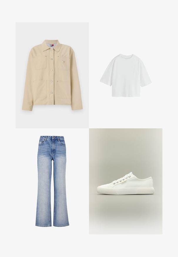 Beige lærredjakke med spidse kraver, frontlukning med knapper, to brystlommer og et lille logo-patch. Blød tekstur og skræddersyet design.; Simpel hvid oversized T-shirt med korte ærmer, rund hals og løs pasform.; Lys blå denim bred-benede jeans har høj talje, knaplukning, diskret slidmærker og et klassisk fem-lomme design.; Hvid lavtopet lærreds-sneaker med tekstureret gummisål, hvide snørebånd og lille Calvin Klein-mærke på siden.