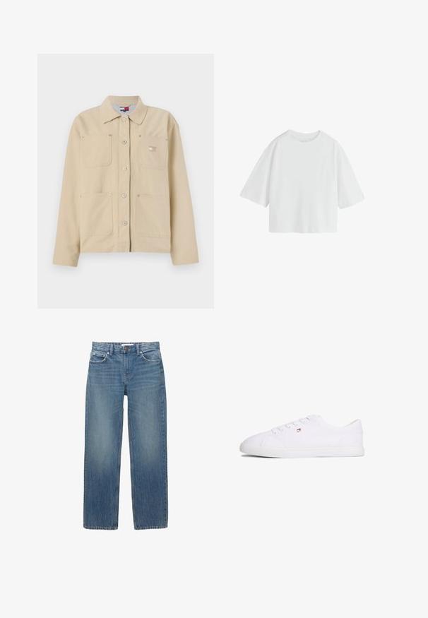 Veste en toile beige avec un col pointu, fermeture à boutons sur le devant, deux poches poitrine et un petit logo en patch. Texture douce et design ajusté.; T-shirt écru oversize à manches courtes, col rond et coupe ample.; Jeans en denim bleu clair à coupe droite, avec cinq poches et des éléments en métal de couleur cuivrée. Le tissu présente une légère décoloration et une texture douce.; Baskets blanches basses à fermeture à lacets avec petit logo rouge, blanc et bleu sur le côté, semelle plate en caoutchouc.
