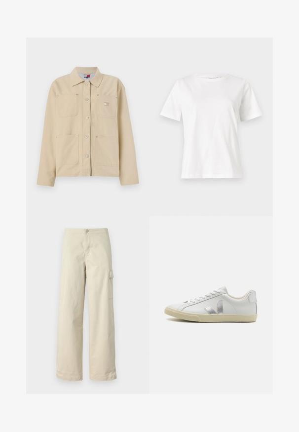 Veste en toile beige avec un col pointu, fermeture à boutons sur le devant, deux poches poitrine et un petit logo en patch. Texture douce et design ajusté.; T-shirt en coton blanc à manches courtes, col rond et coupe décontractée. Texture lisse, sans motifs ni accents, design minimaliste.; Pantalons cargo beiges en coton doux, avec une coupe droite, un bouton à l'avant et une poche latérale avec détail à rabat.; Baskets Veja blanches avec un logo argenté texturé, des lacets plats et une semelle en caoutchouc beige, un upper en cuir lisse et un design discret.