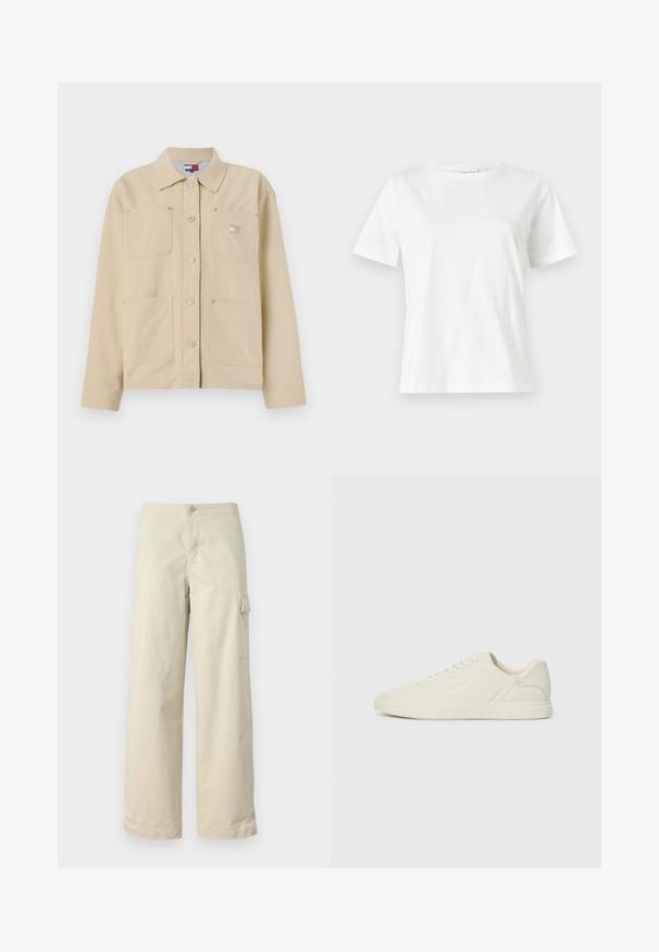 Veste en toile beige avec un col pointu, fermeture à boutons sur le devant, deux poches poitrine et un petit logo en patch. Texture douce et design ajusté.; T-shirt en coton blanc à manches courtes, col rond et coupe décontractée. Texture lisse, sans motifs ni accents, design minimaliste.; Pantalons cargo beiges en coton doux, avec une coupe droite, un bouton à l'avant et une poche latérale avec détail à rabat.; Basket en cuir blanc avec bout arrondi, lacets à l'avant, design minimaliste et subtil marquage sur le côté. Semelle plate en caoutchouc, texture lisse.