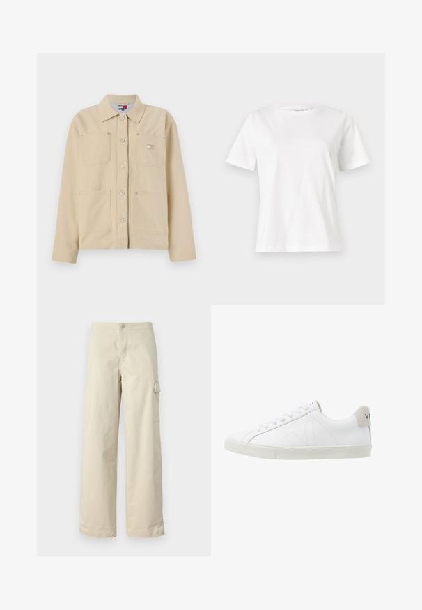 Veste en toile beige avec un col pointu, fermeture à boutons sur le devant, deux poches poitrine et un petit logo en patch. Texture douce et design ajusté.; T-shirt en coton blanc à manches courtes, col rond et coupe décontractée. Texture lisse, sans motifs ni accents, design minimaliste.; Pantalons cargo beiges en coton doux, avec une coupe droite, un bouton à l'avant et une poche latérale avec détail à rabat.; Baskets en cuir blanc avec une semelle en caoutchouc texturée et blanc cassé. Les caractéristiques incluent des lacets, des coutures discrètes et un accent en daim gris au niveau du talon.