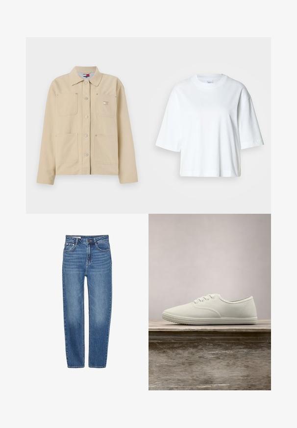 Veste en toile beige avec un col pointu, fermeture à boutons sur le devant, deux poches poitrine et un petit logo en patch. Texture douce et design ajusté.; T-shirt blanc court à manches courtes, col rond, en coton doux, avec un design simple et épuré.; Jean en denim bleu avec une coupe straight, style cinq poches et une taille haute. Présente un léger délavage et des coutures contrastées.; Baskets en toile blanches avec un bout arrondi, six œillets et une semelle en caoutchouc texturée, suspendues au-dessus d'une surface en bois avec de l'herbe verte en arrière-plan.