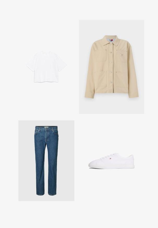 Veste en toile beige avec un col pointu, fermeture à boutons sur le devant, deux poches poitrine et un petit logo en patch. Texture douce et design ajusté.; T-shirt blanc à manches courtes avec encolure ronde et coupe carrée ample, présenté sur un fond blanc uni.; Jean en denim bleu coupe droite avec bouton et fermeture éclair à l'avant, passants de ceinture, et poches avant et arrière.; Baskets blanches basses à fermeture à lacets avec petit logo rouge, blanc et bleu sur le côté, semelle plate en caoutchouc.
