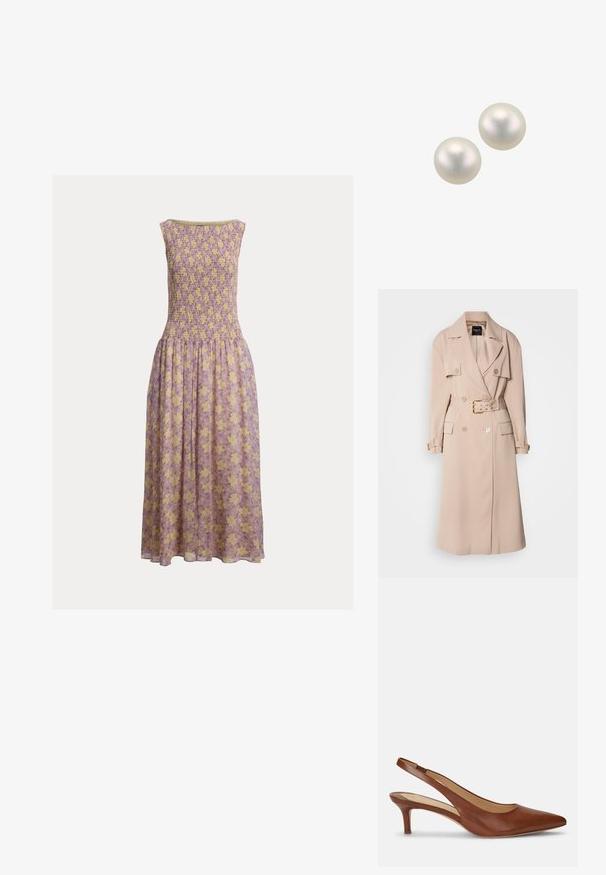 Beige Trenchcoat mit einem doppelt geknöpften Design, breiten Revers, Taillengürtel und seitlichen Taschen. Mit goldfarbenen Beschlägen und einer glatten Textur.; Lila geblümtes Kleid mit gerafftem Oberteil und ärmellosem Design. Es zeigt gelbe Blumen auf leichtem Stoff und einen fließenden, knöchellangen Rock.; Brauner Leder-Damenslingback mit spitzer Schuhspitze und niedrigem Kittenabsatz auf weißem Hintergrund.; DIAMANT L'ÉTERNEL Ohrringe - white gold
