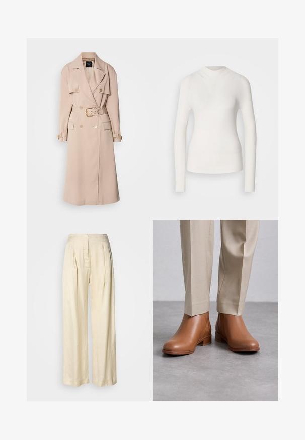 Beige trenssitakki, jossa on tuplamallinen muotoilu, leveät kaulukset, vyöllinen vyötärö ja sivutaskut. Varustettu kultasävytteisillä yksityiskohtilla ja sileällä pinnalla.; Valkoinen pitkähihainen paita, jossa on korkea kaula-aukko, ribbed tekstuuri ja slimfit-malli. Sisältää saumattoman ulkonäön ja hienovaraisen V-muodon edessä.; Kermanvalkoiset, korkeavyötäröiset silkkihousut, joissa on laskokset, leveät lahkeet ja piilotettu etuvetoketjusulku yksiväristä valkoista taustaa vasten.; Ruske nahkasaapad nilkkapituudella, joissa on teksturoitu pinta, pyöreä kärki ja matala pinottu korko, yhdistettyinä vaaleanbeigeihin housuihin.