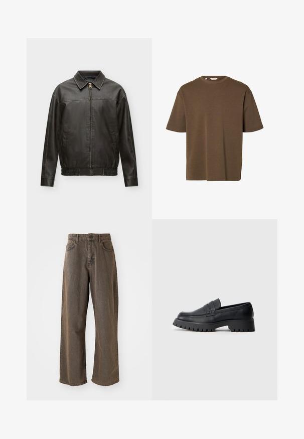 Chaqueta de cuero marrón oscuro con cremallera frontal, cuello clásico, mangas largas, bolsillos laterales y cintura elástica, mostrada sobre un fondo liso.; Camiseta marrón de manga corta con cuello redondo, corte holgado y diseño liso, mostrada sobre un fondo blanco.; Pantalones de mezclilla marrones de pierna ancha con cierre de botón, trabillas para el cinturón y bolsillos delanteros. La tela tiene una textura ligeramente desgastada.; Mocasines de cuero negro con punta redondeada, que presentan una correa decorativa y una suela de goma gruesa con surcos profundos para mayor tracción.
