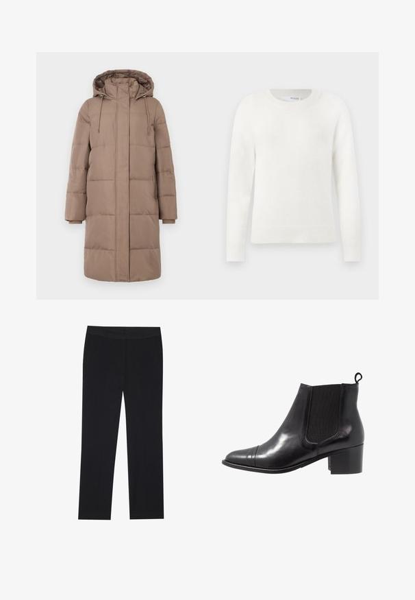 Pufferjakke i lysebrun stof, med huood, lynlås foran, ribbede manchetter og kviltet firkantet mønster.; Hvid langærmet strikket sweater med ribbede manchetter, kant og rund halsudskæring på en ensfarvet hvid baggrund.; Sorte bukser med lige ben-design, der har sidelommer og en glat tekstur. Minimalistisk detaljering, ren livvidde.; Sorte læder ankelstøvler med elastiske sidepaneler, rund tå og tekstureret blokhæl. Har en løkke til at trække i bagpå for nem påtagning.