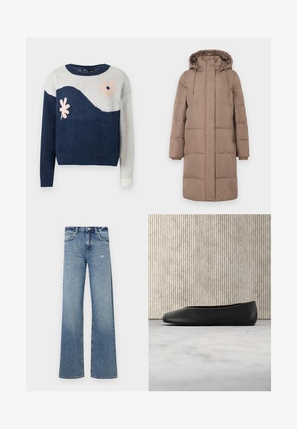 Pufferjakke i lysebrun stof, med huood, lynlås foran, ribbede manchetter og kviltet firkantet mønster.; Marineblå og lysegrå strikket sweater med bølgemønster, blomstermotiv i pink og sort, rund hals, ribbede manchetter og kant.; Lyseblå denimjeans med høj talje, vidde ben, let slid og traditionel fem-lomme struktur.; Sorte læder balletflade med en rund tå, glat tekstur og en gulds logoaccent på siden. Placeret over en reflekterende overflade.