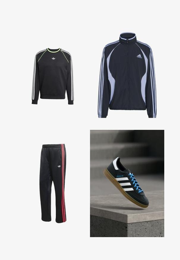 Must mustar spordijakk kergete siniste aktsentidega, lukuga sulgemine, kõrge krae ja iga varruka peal kolm valget triipu; valmistatud kergest materjalist.; Must mustriga must ja valgete kolme triibu disainiga varrukatel ja laimiroheline aktsent. Omab ümmargust kaelust ja väikest logo rinnas.; Mustad dressipüksid vertikaalse soonikuga, külgedel punaste ja valgete triipudega ning väike valge logo vasakul säärel.; Must Adidas toss valgete triibu, siniste paelte ja kummist tallaga, hõljuv pehme valgusega halli betoonastme kohal.