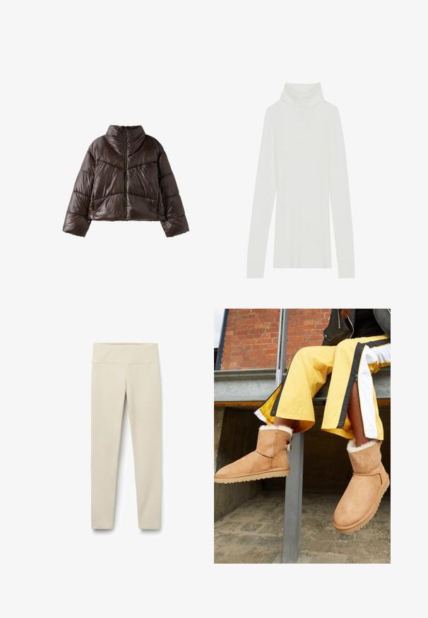 Donkerbruine glanzende donsjas met hoge kraag, lange mouwen en een ritssluiting aan de voorkant, getoond op een witte achtergrond.; Witte geribde turtleneck trui met lange mouwen, zachte textuur en een hoge rolkraag, met een aansluitend ontwerp en geen zichtbare sluitingen.; Beige leggings met een hoge, brede tailleband, gemaakt van een zachte, rekbare stof. Rechthuidig ontwerp zonder zichtbare naden of patronen.; Tan suède enkellaarsjes met een fluffy binnenvoering en platte rubberen zolen, tentoongesteld naast gele sportbroeken met zwart-witte strepen.