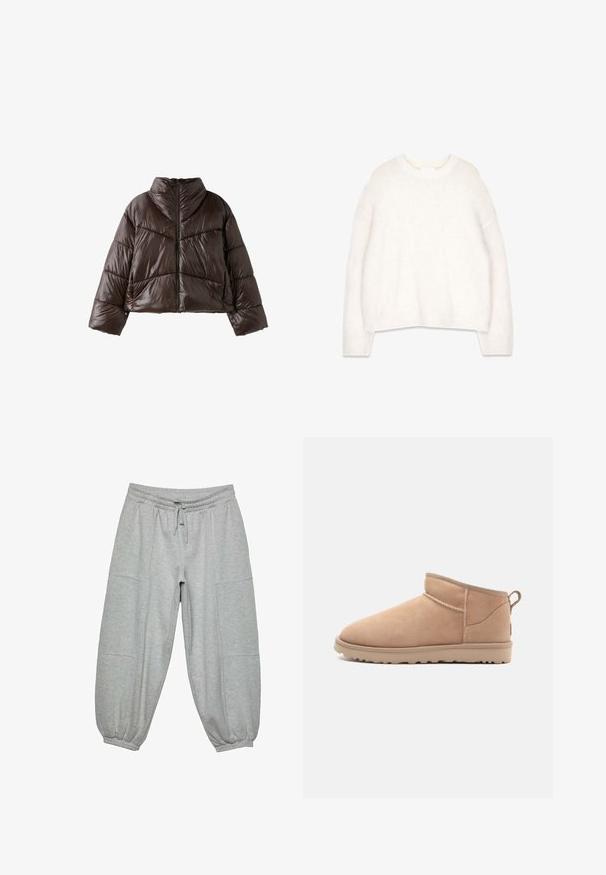 Veste matelassée brillante marron foncé avec col montant, manches longues et fermeture éclair à l'avant, présentée sur fond blanc.; Pull blanc en laine moelleuse avec un col rond, des manches longues et une coupe décontractée. Fabriqué à partir d'un tissu doux et texturé, il présente des poignets et un ourlet côtelés.; Pantalons de jogging gris clair en tissu doux, dotés d'une taille élastique, d'un cordon de serrage et de poignets élastiques, avec des poches latérales.; Botte de cheville en daim beige avec un bout arrondi, une texture douce, un design simple et une semelle en caoutchouc à profil bas. Dispose d'une languette à l'arrière.
