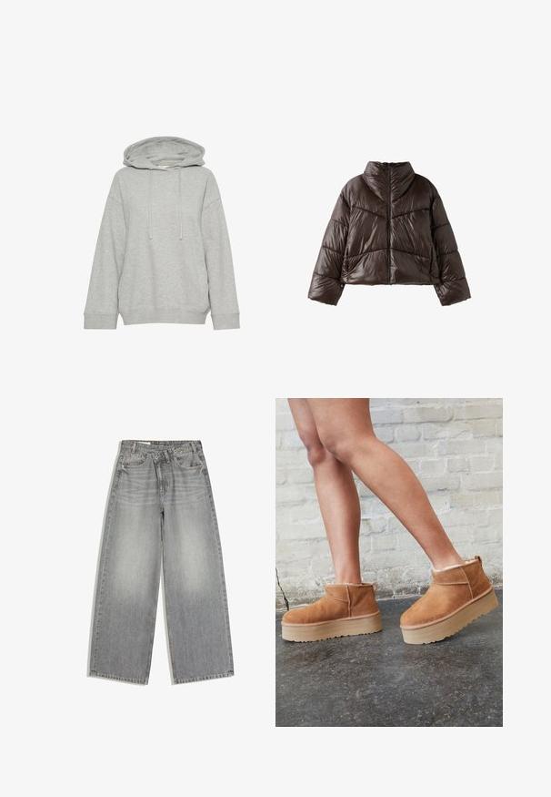 Dunkelbraune glänzende Steppjacke mit hohem Kragen, langen Ärmeln und Reißverschluss vorne, dargestellt vor weißem Hintergrund.; Graue Kapuzenjacke mit einem lockeren Schnitt, ausgestattet mit langen Ärmeln, Kordelzug und gerippten Bündchen. Hergestellt aus weichem, strukturiertem Stoff.; Weit geschnittene graue Denim-Jeans mit Knopf- und Reißverschluss, Vordertaschen und Gürtelschlaufen, flach auf weißem Hintergrund liegend.; Braune Wildleder-Stiefeletten mit einem weichen Futter, dicker beige Plateau-Sohle und einer Zuglasche auf der Rückseite. Strukturiert Oberfläche mit sichtbaren Nähdetails.