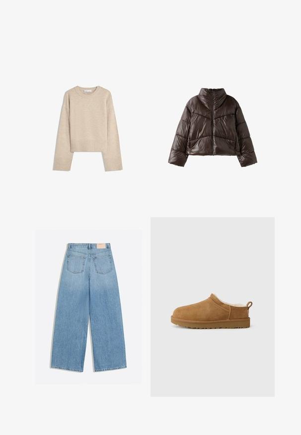 Mørkebrun skinnende dunjakke med høj krave, lange ærmer og lynlåslukning foran vist på hvid baggrund.; Beige cropped sweater lavet af blød strik. Har rund halsudskæring, lange ærmer samt ribbede manchetter og kant for ekstra tekstur.; Lyseblå vidbenede jeans med to baglommer og et lille beige mærke på linningen.; Brune ruskind slip-on sko med blødt, hvidt pelsfor, flad gummisål, rund tå og lille trækstrop ved hælen.