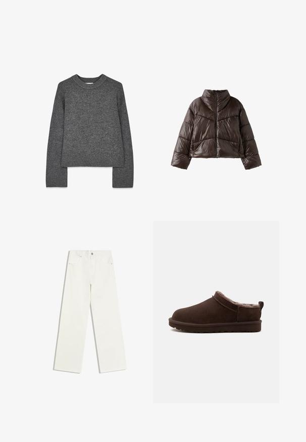 Veste matelassée brillante marron foncé avec col montant, manches longues et fermeture éclair à l'avant, présentée sur fond blanc.; Pull en tricot gris à manches longues, col rond, avec des poignets et un ourlet côtelés. Texture douce avec un design légèrement court.; Jean blanc taille haute, jambes droites, avec poches avant et fermeture à bouton sur fond blanc.; Chausson marron à enfiler avec doublure en peluche douce et semelle en caoutchouc plate, conçu pour le confort et la chaleur à l'intérieur.