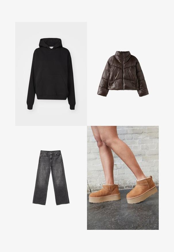 Mørkebrun skinnende dunjakke med høj krave, lange ærmer og lynlåslukning foran vist på hvid baggrund.; Gina Tricot ICONIC HOODIE - Hættetrøje - black; Mørkegrå denim jeans med vid ben, front- og baglommer, knaplukning og diskrete slidte detaljer.; Brune ruskinds ankelsko med en blød foring, tyk beige plattformsål og en bageste løkke. Tekstureret overflade med synlige sømdetaljer.