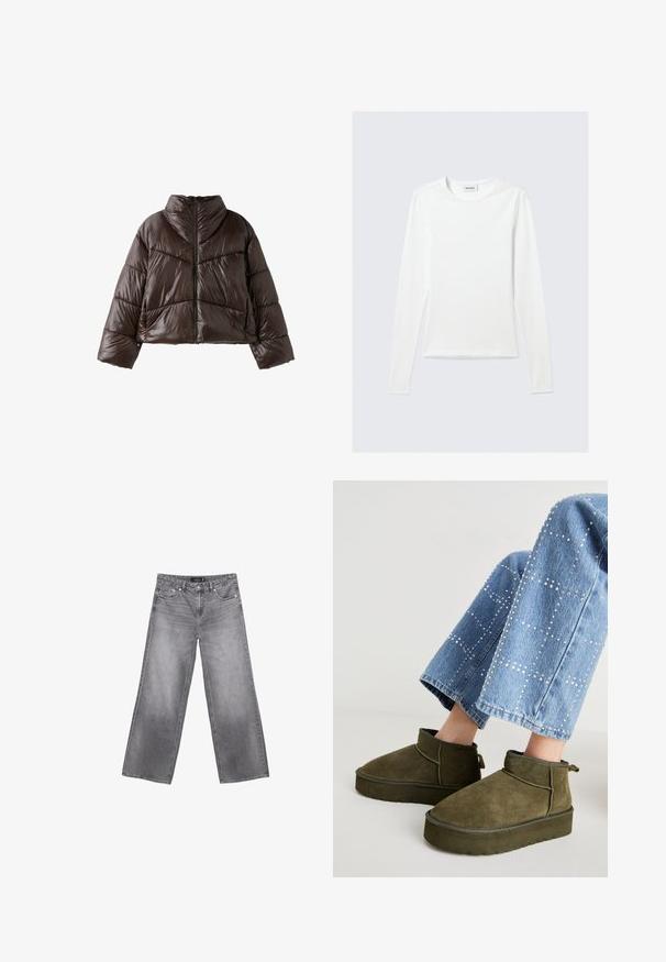 Dunkelbraune glänzende Steppjacke mit hohem Kragen, langen Ärmeln und Reißverschluss vorne, dargestellt vor weißem Hintergrund.; Langärmliges, schlichtes weißes Rundhals-Shirt mit schlanker Passform, dargestellt vor einem hellgrauen Hintergrund.; Graue Jeans mit weitem Bein, Fronttaschen, Gürtelschlaufen und Knopfverschluss, flach auf weißem Hintergrund dargestellt.; Olivgrüne Wildleder-Ankle Boots mit einer dicken, strukturierten Sohle und einem Zugriemen. Kombiniert mit hellblauen, verzierten Jeans.