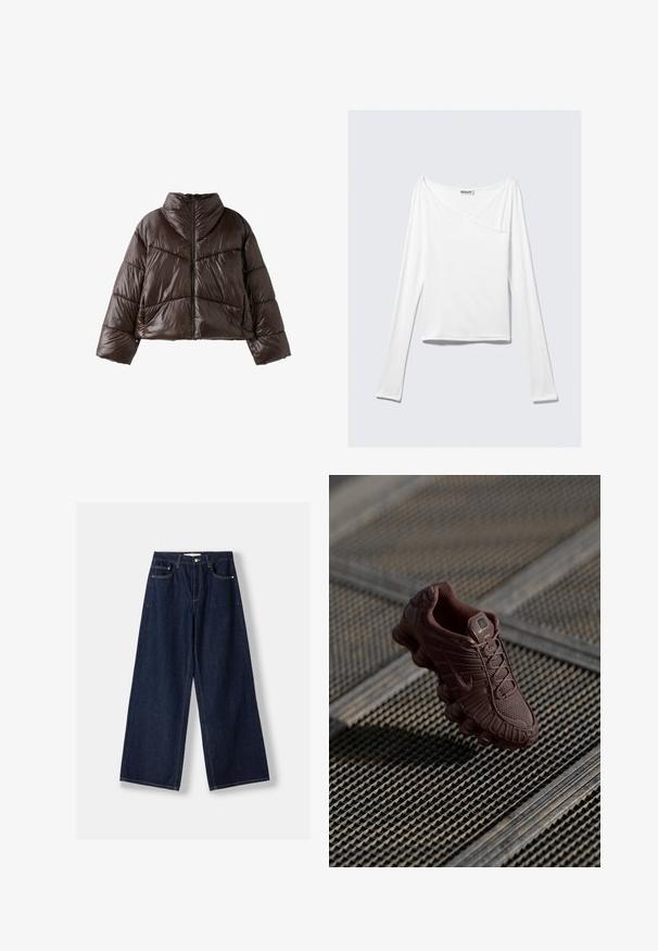 Dunkelbraune glänzende Steppjacke mit hohem Kragen, langen Ärmeln und Reißverschluss vorne, dargestellt vor weißem Hintergrund.; Weißes Langarmoberteil mit einem Überlappungsdesign und einer Tasche. Hergestellt aus einem glatten, elastischen Material. In einem lässigen, entspannten Schnitt.; Dunkelblaue Jeans mit weitem Bein, vorderer Knopf- und Reißverschluss, vorderen Taschen und Gürtelschlaufen, flach auf weißem Hintergrund ausgelegt.; Brauner Nike Sneaker mit strukturiertem Mesh-Obermaterial, markanter gebogener Sohle und gepolstertem Kragen, vor einem gemusterten Hintergrund präsentiert.