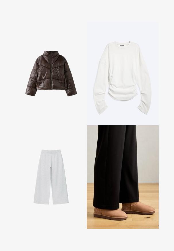 Veste matelassée brillante marron foncé avec col montant, manches longues et fermeture éclair à l'avant, présentée sur fond blanc.; T-shirt blanc à manches longues avec col rond, détails froncés à la taille et coupe décontractée, étiquette « WEEKDAY » à l'intérieur du col.; Pantalons larges gris clair en tissu doux avec une taille élastique. Le design présente une coupe ample pour un confort et une liberté de mouvement.; Bottines en suede marron avec une semelle en caoutchouc plate, un bout rond et des coutures minimales, portées avec un pantalon large noir sur un sol en bois.