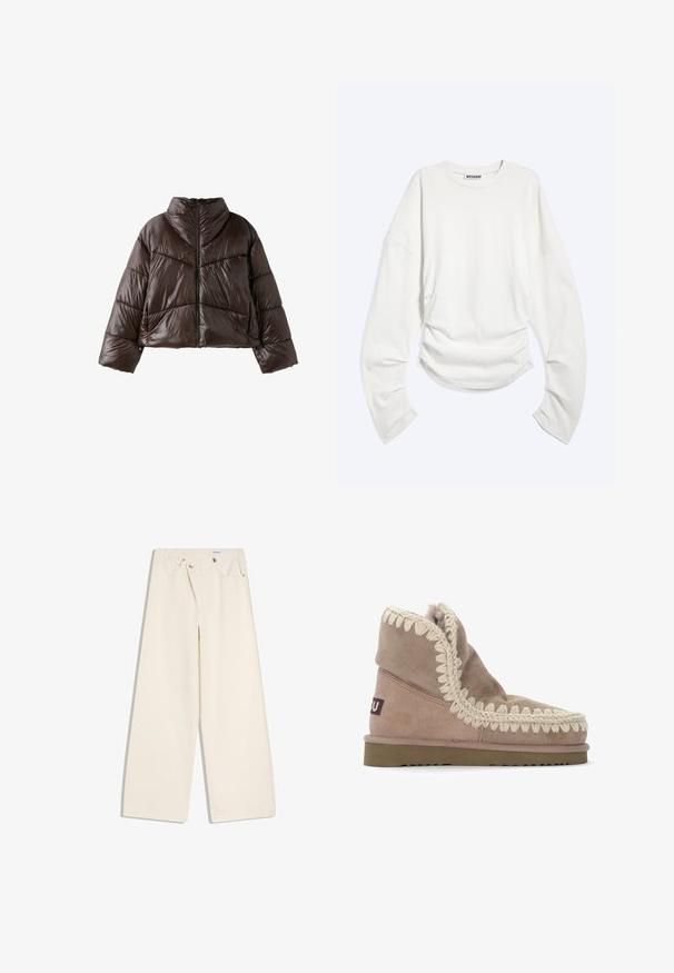 Veste matelassée brillante marron foncé avec col montant, manches longues et fermeture éclair à l'avant, présentée sur fond blanc.; T-shirt blanc à manches longues avec col rond, détails froncés à la taille et coupe décontractée, étiquette « WEEKDAY » à l'intérieur du col.; Pantalon large couleur écru avec poches avant, passants pour ceinture, et boutons argentés sur la ceinture et les bords des poches.; Botte cheville en suède beige avec un bord tressé crème texturé le long de l'ouverture et une semelle en caoutchouc. Doublure douce visible en haut.