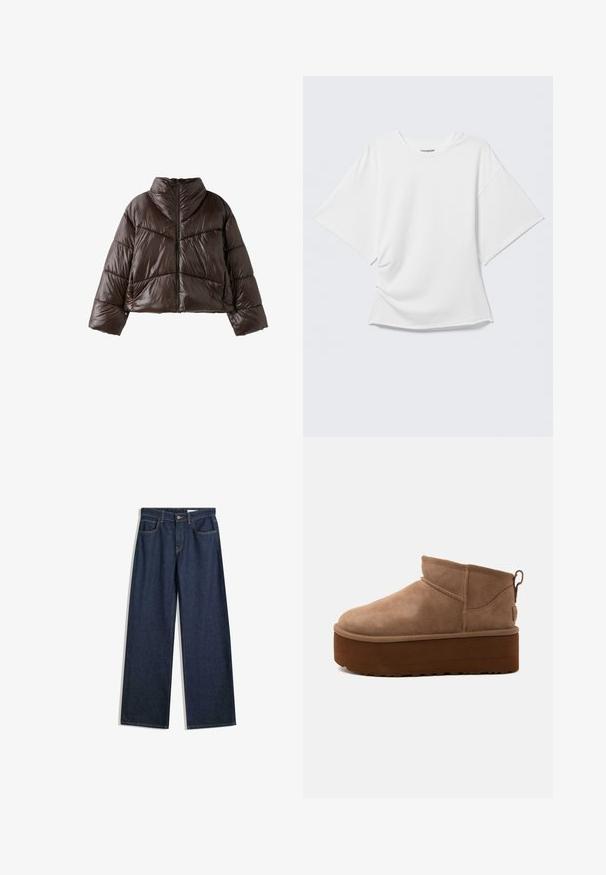 Veste matelassée brillante marron foncé avec col montant, manches longues et fermeture éclair à l'avant, présentée sur fond blanc.; T-shirt blanc oversize à manches courtes avec col rond présenté sur un fond gris clair.; Jean en denim sombre à jambes larges avec cinq poches, coutures visibles et fermeture à bouton. Présente une coupe droite et un léger effet vieilli.; Bottine marron en daim de hauteur moyenne, style slip-on, avec une semelle épaisse compensée et un onglet à l’arrière sur fond clair.
