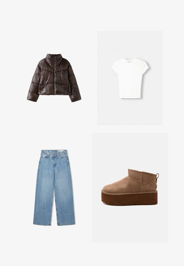 Veste matelassée brillante marron foncé avec col montant, manches longues et fermeture éclair à l'avant, présentée sur fond blanc.; T-shirt blanc à manches courtes en coton doux, avec un col rond et une coupe ajustée. Pas de motifs ni d'ornements visibles.; Jean large bleu clair en denim, avec taille haute, cinq poches, fermeture à bouton et un léger délavage pour la texture.; Bottine marron en daim de hauteur moyenne, style slip-on, avec une semelle épaisse compensée et un onglet à l’arrière sur fond clair.