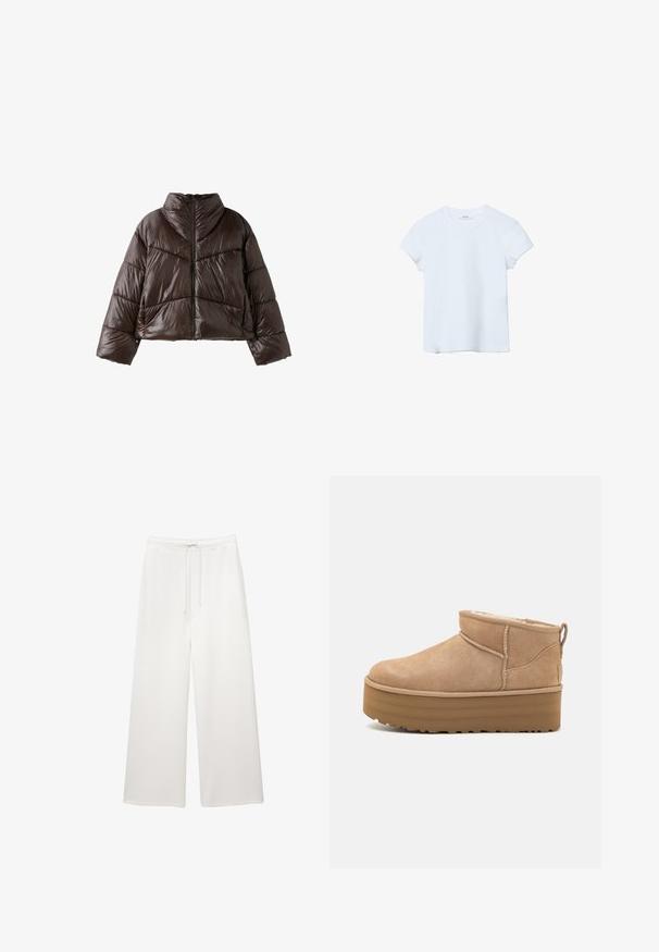 Veste matelassée brillante marron foncé avec col montant, manches longues et fermeture éclair à l'avant, présentée sur fond blanc.; T-shirt uni bleu clair à manches courtes et col rond, étalé à plat sur un fond blanc.; Pantalons larges blancs amples avec taille élastique et cordon de serrage, conçus pour un look décontracté.; Bottines en suede beige avec un intérieur moelleux, dotées d'une semelle compensée et d'une languette à l'arrière pour un enfilage facile. Semelle extérieure en caoutchouc texturé.