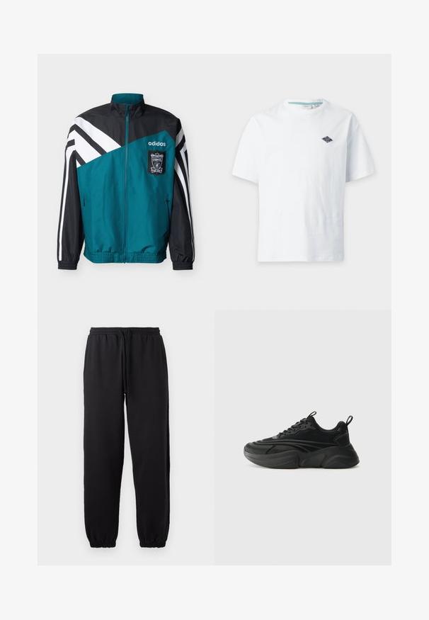 Teal og sort Adidas træningsjakke med hvide striber, Liverpool Football Club's logo, lynlås foran samt elastiske manchetter og kant.; Hvid T-shirt med korte ærmer og rund halsudskæring med lille mørkt diamantformet logo på venstre bryst.; Sorte joggingbukser lavet af blødt stof, med elastisk talje og justerbar snor, samt manchetter ved bunden.; Sorte sportsko med en rund sål, struktureret overdel og polstret krave. Har snørebånd, en løkke til at trække i og lagdelte designelementer.