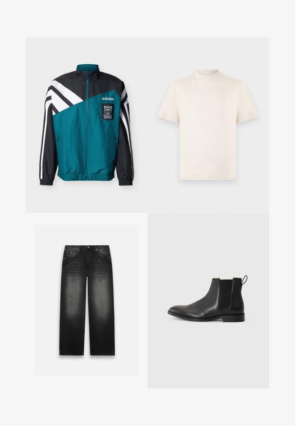 Turquoise en zwarte Adidas trainingsjas met witte strepen, Liverpool Football Club-embleem, ritssluiting aan de voorkant en elastische manchetten en zoom.; Crème korte mouwen t-shirt met een hoge halslijn, gemaakt van zachte katoen. Heeft een subtiele geperste logo op de borst.; Zwarte denim jeans met een wijde pijp. Beschikt over vijf zakken, lichte vervaging en stevige stiksels. Met knoop- en ritssluiting.; JOOP! PERO KLEITOS CHELSEA - Lage laarzen - black