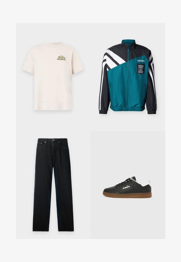 Turquoise en zwarte Adidas trainingsjas met witte strepen, Liverpool Football Club-embleem, ritssluiting aan de voorkant en elastische manchetten en zoom.; Crème katoenen t-shirt met korte mouwen. Bevat een groen logo met de tekst "The Doors ELEMENT X TIMBER!" op de linkerborst.; Zwarte spijkerbroek van denim met een rechte snit, vijf zakken ontwerp en metalen hardware. De stof heeft een gladde textuur en minimale vervaging.; Zwarte leren sneaker met witte hielkap, gumzool, zwarte veters en zilveren Diadora-logo op de zijkant en zool.