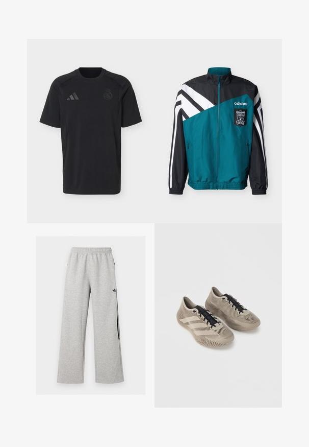 Τζάκετ Adidas σε τιρκουάζ και μαύρο με άσπρες ρίγες, με το έμβλημα της Liverpool Football Club, εμπρόσθιο φερμουάρ και ελαστικούς μανσέτες και τελείωμα.; Μαύρο αθλητικό μπλουζάκι με κοντά μανίκια και στρογγυλή λαιμόκοψη, με διακριτικό λογότυπο Adidas και έμβλημα της Ρεάλ Μαδρίτης στο στήθος.; Ανοιχτό γκρι φαρδυές φόρμες με ελαστική μέση και μαύρο λογότυπο Adidas trefoil στο δεξί μηρό.; Ζευγάρι μπεζ αθλητικά παπούτσια με μαύρα κορδόνια, διαθέτοντας υφή με ριγέ μοτίβο και τρεις πλαϊνές γραμμές σε απλό φόντο.