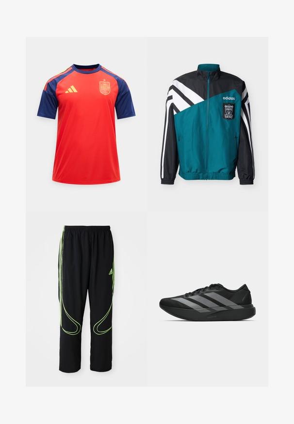 Τζάκετ Adidas σε τιρκουάζ και μαύρο με άσπρες ρίγες, με το έμβλημα της Liverpool Football Club, εμπρόσθιο φερμουάρ και ελαστικούς μανσέτες και τελείωμα.; Κόκκινη και ναυτική φανέλα ποδοσφαίρου της Ισπανίας με κίτρινο λογότυπο Adidas και έμβλημα της εθνικής ομάδας στο στήθος, κοντά μανίκια και στρογγυλή λαιμόκοψη.; Μαύρα αθλητικά παντελόνια Adidas με νεον πράσινες καμπύλες γραμμές και τρεις ρίγες στα πλάγια, ελαστική μέση και λογότυπο Adidas στο μπροστινό μπούστο.; Μαύρα αθλητικά παπούτσια με ελαφρύ σχεδιασμό, που διαθέτουν τρεις έντονες γκρίζες ρίγες, λεία υφή και καμπυλωτή σόλα.