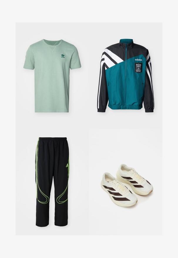 Τζάκετ Adidas σε τιρκουάζ και μαύρο με άσπρες ρίγες, με το έμβλημα της Liverpool Football Club, εμπρόσθιο φερμουάρ και ελαστικούς μανσέτες και τελείωμα.; Κοντομάνικο μπλούζα σε μέντα πράσινο χρώμα με υφή, στρογγυλή λαιμόκοψη και σκούρο πράσινο λογότυπο της adidas στο αριστερό στήθος.; Μαύρα αθλητικά παντελόνια Adidas με νεον πράσινες καμπύλες γραμμές και τρεις ρίγες στα πλάγια, ελαστική μέση και λογότυπο Adidas στο μπροστινό μπούστο.; Ανοιχτόχρωμα αθλητικά παπούτσια με σκούρες καφέ διαγωνίους ρίγες, υφασμάτινο επάνω μέρος με υφή και μαλακή σόλα. Διαθέτει κίτρινη σήμανση "ADIZERO".