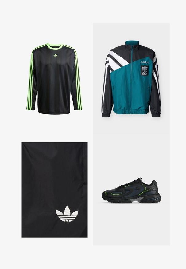 Τζάκετ Adidas σε τιρκουάζ και μαύρο με άσπρες ρίγες, με το έμβλημα της Liverpool Football Club, εμπρόσθιο φερμουάρ και ελαστικούς μανσέτες και τελείωμα.; adidas Originals JACQ - Μπλούζα με μακριά μανίκια - black signal green; Μαύρο ύφασμα με κεντημένο λευκό λογότυπο τριφυλλιού της Adidas κοντά στην κάτω δεξιά γωνία.; Μαύρο και ναυτικό αθλητικό παπούτσι με πράσινες λεπτομέρειες, σχέδιο με κορδόνια και χοντρή σόλα, πλευρική όψη με το κείμενο "STORM 2K" κοντά στη φτέρνα.