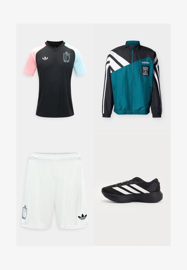 Τζάκετ Adidas σε τιρκουάζ και μαύρο με άσπρες ρίγες, με το έμβλημα της Liverpool Football Club, εμπρόσθιο φερμουάρ και ελαστικούς μανσέτες και τελείωμα.; Μαύρο αθλητικό πουκάμισο με V λαιμόκοψη, ροζ αριστερό μανίκι, ανοιχτό μπλε δεξί μανίκι, λογότυπο Adidas στο αριστερό στήθος και σήμα της Βασιλικής Ομοσπονδίας Ποδοσφαίρου του Βελγίου στο δεξί στήθος.; Λευκά αθλητικά σορτς με ελαστική μέση, με μαύρο λογότυπο Adidas στο δεξί πόδι και έμβλημα με ασπίδα στο αριστερό πόδι.; Μαύρο αθλητικό παπούτσι με χοντρή σόλα και τρεις λευκές διαγώνιες ρίγες στο πλάι, εμφανιζόμενο από την εξωτερική πλευρά.