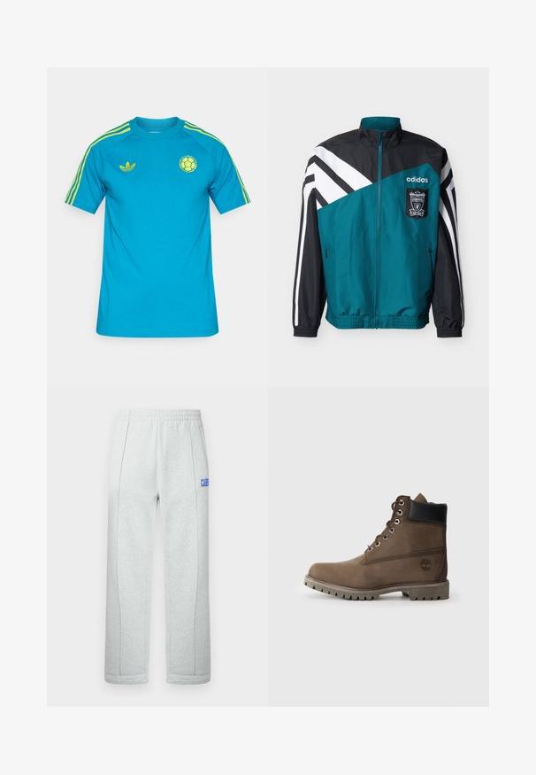 Τζάκετ Adidas σε τιρκουάζ και μαύρο με άσπρες ρίγες, με το έμβλημα της Liverpool Football Club, εμπρόσθιο φερμουάρ και ελαστικούς μανσέτες και τελείωμα.; Μπλε κοντομάνικο πουκάμισο από βαμβάκι, με κίτρινες ρίγες στους ώμους και λογότυπο στο στήθος. Στρογγυλή λαιμόκοψη με κανονική εφαρμογή.; Ανοιχτό γκρι φόρμα με ελαστική μέση και κάθετες λεπτομέρειες ραφών, με μερικό μπλε κείμενο στο δεξί μηρό.; Καφέ δερμάτινο μποτάκι μέχρι τον αστράγαλο με μαύρη επένδυση, μεταλλικές τρυπίτσες και ανθεκτική γκρίζα σόλα. Διαθέτει λογότυπο στο πλάι και ραφές διακόσμησης.