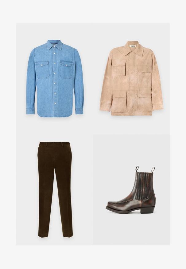 Veste beige clair à manches longues avec un large col et quatre grandes poches à rabat sur le devant, fabriquée en tissu doux et texturé.; Chemise en denim bleu clair à manches longues avec fermeture boutonnée sur le devant et deux poches poitrine à rabat avec boutons-pression sur fond blanc.; Pantalon en velours côtelé marron avec une texture à côtes verticales, une coupe droite, deux poches latérales et des passants de ceinture discrets à la taille.; Bottine en cuir marron avec une finition lisse, des panneaux élastiques sur les côtés, un bout rond, des coutures décoratives et un petit talon carré.