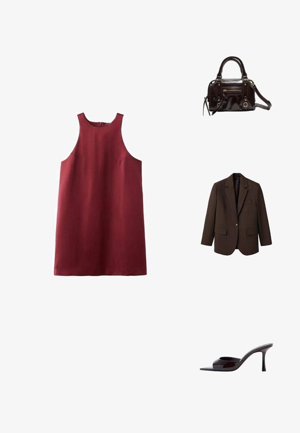 Brun blazer med klapkrave, enkelt knaplukning, to frontlommer og en brystlomme. Fremstillet i glat stof med en skræddersyet design.; Bourgogne ærmeløs kjole med høj hals, sidelommer og en glat tekstur. Stoffet synes let og veltrimmet.; Sort laklæder mule med åbent tåparti, slank mellemhøj stilethæl og lavt skåret overskrivebånd.; Brun lakeret håndtaske med dobbelte håndtag, aftagelig skulderrem, frontlomme med lynlås og hardware i guld-tone.
